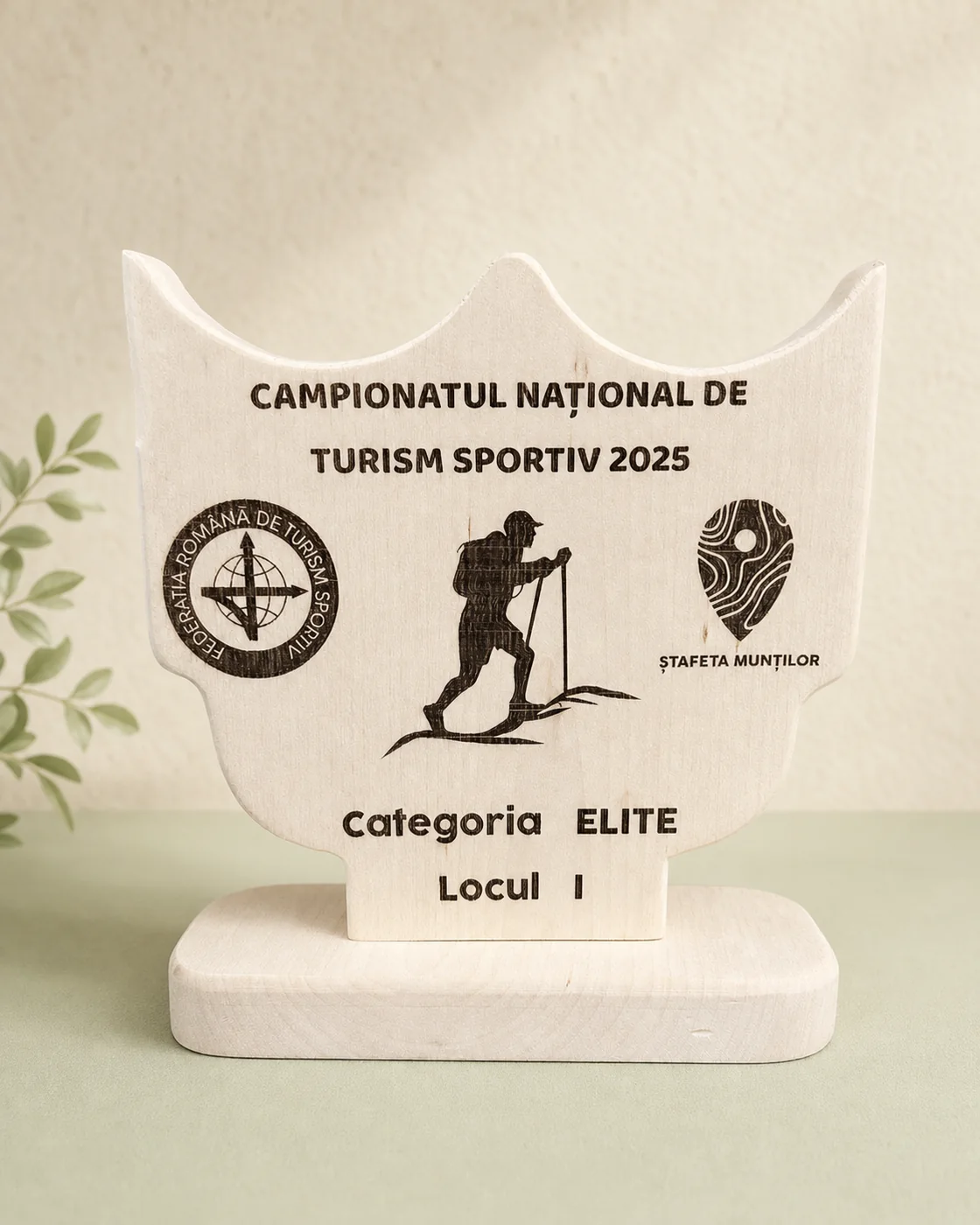 Trofeu din lemn gravat pentru un eveniment de turism sportiv